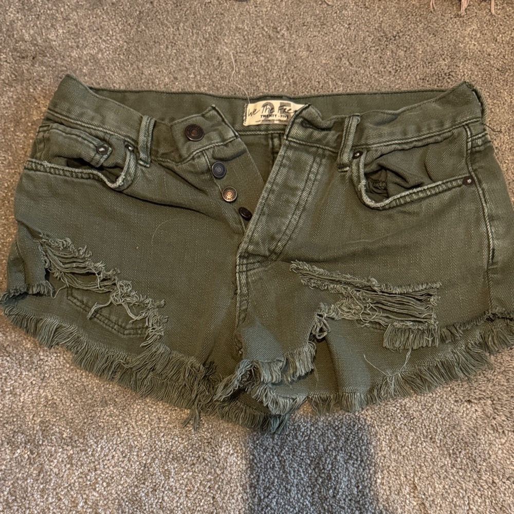 Free People Olive Green Frayed Jean Shorts